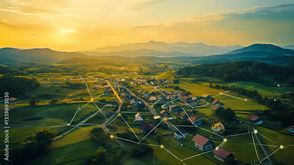 Canvas Prints aerial view of a small town with digital network lines showcasing connectivity and innovation in rur