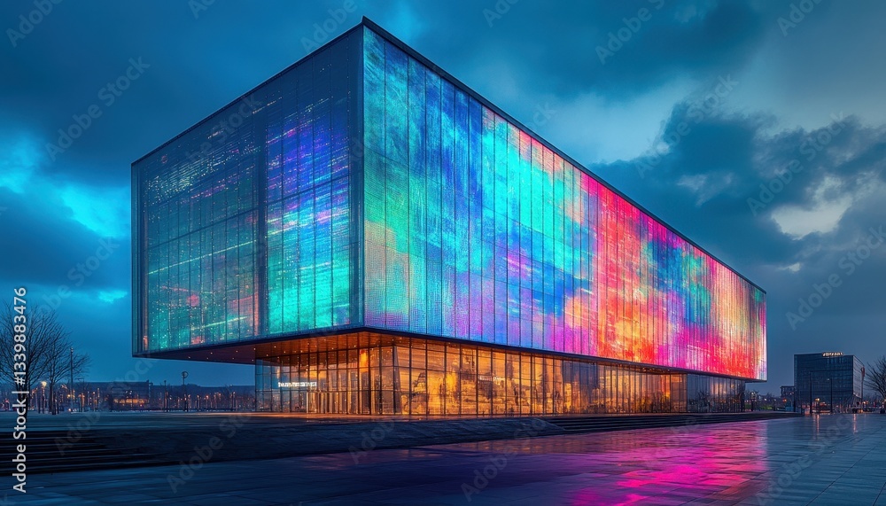 Poster Modern architectural design of a futuristic building illuminated with colorful neon lights against a twilight sky in an urban setting