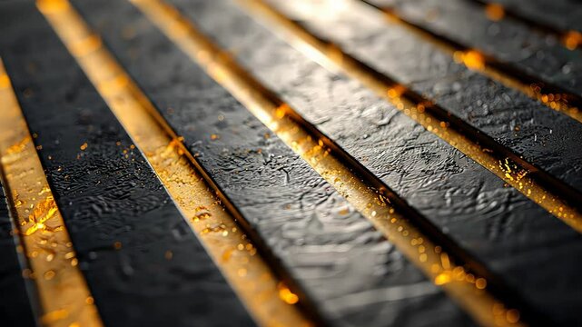 Abstract dark gray stone slabs with golden highlights.  Close-up view of parallel lines
