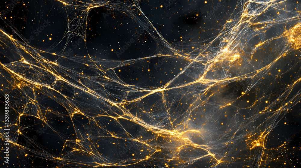 Wall mural cosmic expansion of golden webs interstellar space abstract art dark environment wide view universe 