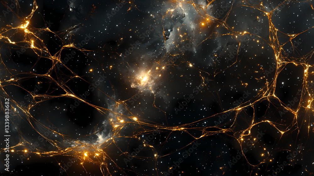 Wall mural cosmic expansion of golden webs interstellar space abstract art dark environment wide view universe 