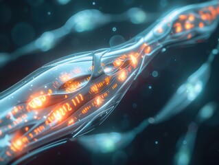 Futuristic storage pod, organic design, like a glowing plant stem with binary data flowing within.