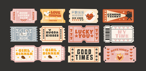 Coupons tickets set. Cartoon various gift, movie, and wish coupons in a doodle retro style. Fun and colorful illustrations for discounts, special offers, and entertainment concepts in 90s style