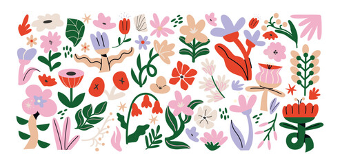 Botanical set of abstract flowers and plants. Organic floral doodles, leaves of different shapes. Trendy hippie funky shapes stickers 90s.