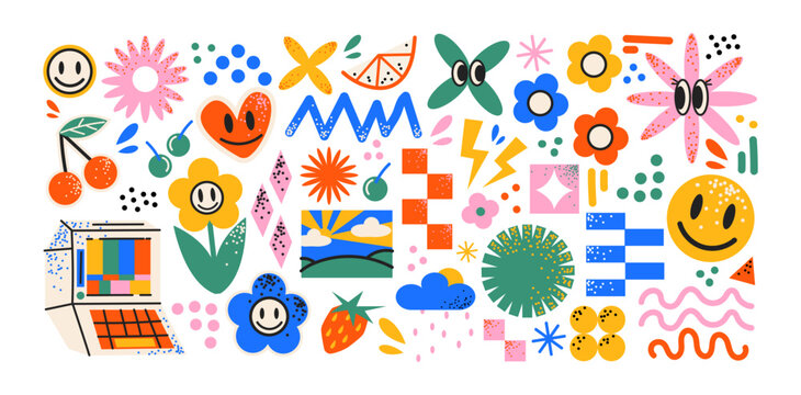 Retro hostalgia hippie stickers 90s. Cartoon memphis bright psychedelic elements, funky shapes, animals,fruits, vintage. Trendy doodle labels, patches, stamps