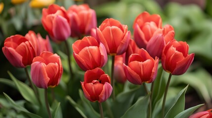 Obraz premium Radiant Red Tulips: A Vibrant Bloom in Spring's Embrace, a Delightful Floral Composition
