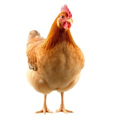 Fototapeta premium A centered, full-body portrait of a brown chicken with a red comb stands against a white background, highlighting its typical poultry features
