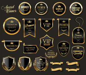 Golden luxury award labels and badges gold premium quality certificate ribbons vector illustration 001.eps