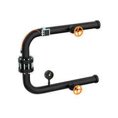 3d icon of black pipe, two valves and leak detection system, 3d render