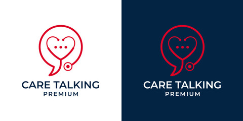 Health consult logo design template. Doctor chat talk logo design vector. Love medical health icon with stethoscope illustration.