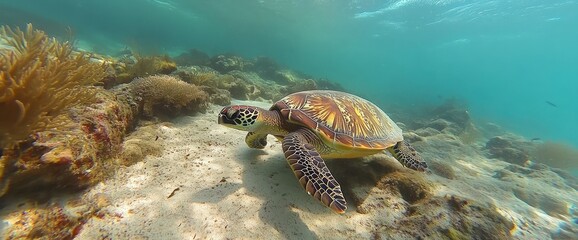 Obraz premium Sea turtle crawls on sandy ocean floor, coral reef background; nature documentary