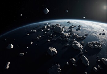 Naklejka premium Planetary Horizon with Asteroids and Moons
