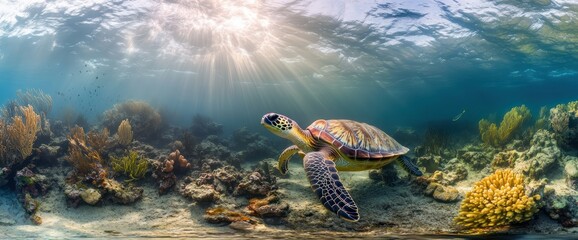 Sea turtle swimming in sunlit coral reef, ocean background, underwater panorama