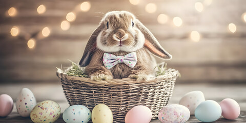 Cute Easter Bunny in Bow Tie with Colorful Eggs, Adorable Rabbit in Basket, Festive Spring Holiday Decoration