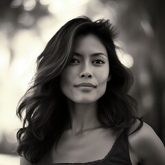 Naklejka premium A woman stands confidently in a tranquil outdoor environment, her long hair gently cascading down her shoulders as she enjoys the warm glow of the sun in the background