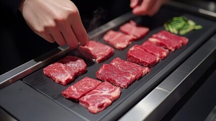 Hands Preparing Raw Beef Steaks On A Hot Plate