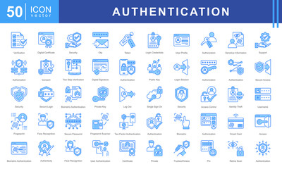Authentication icon set featuring icons for security, biometric access, authorization, encryption, and digital identity protection. Ideal for cybersecurity, login systems, and secure authentication.