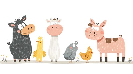 Adorable cartoon farm animals standing together in a cheerful line
