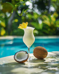 Pina Colada cocktail on the beach with coconut and exotic flower