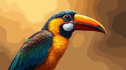 Obraz premium Exotic Bird Oil Painting Vector - Striking Toucan Portrait With Vibrant Orange-Blue Plumage Against Golden Background.