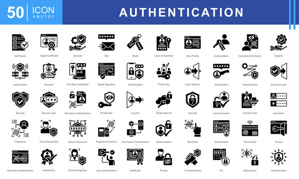 Authentication icon set featuring icons for security, biometric access, authorization, encryption, and digital identity protection. Ideal for cybersecurity, login systems, and secure authentication.