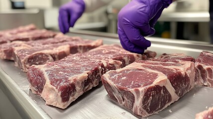 Gloved Hands Arrange Raw Beef Steaks On Tray