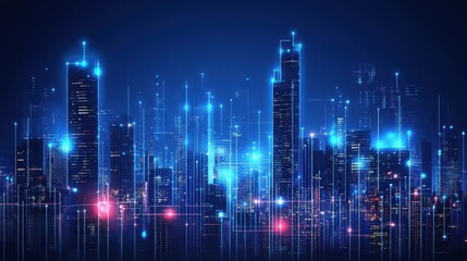 Fototapeta premium Futuristic Illuminated City Buildings Connected Through A Digital Network