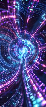 Compressed algorithms unfold as fractal patterns with matrix-style binary streams, ultra detailed grains glow in cyan and magenta hues.
