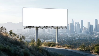 Fototapeta premium Blank Billboard Overlooking City Skyline: Advertising Space, Urban Views, Roadside Marketing, Massive Panel, High Visibility