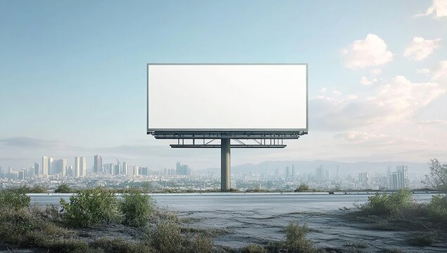 Blank Billboard Stands Tall Over City Skyline, Advertising Space Beckons Advertisers,  Urban Views Showcase Potential.