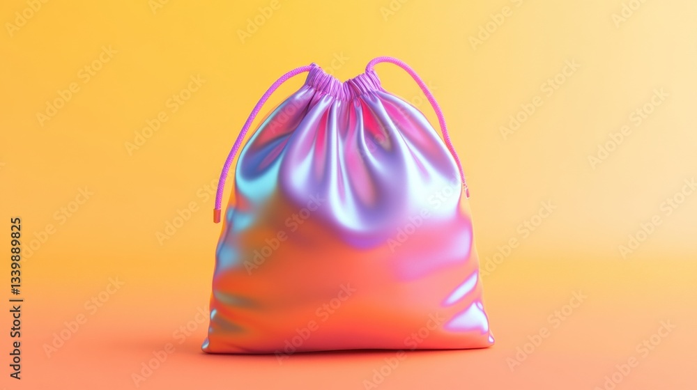 Aufkleber vibrant iridescent drawstring bag against a bright gradient background with smooth textures and mode