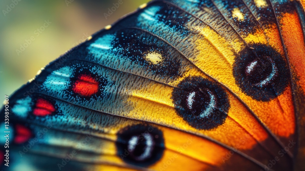 Poster close-up view of a colorful butterfly wing showcasing intricate patterns and vibrant colors against 