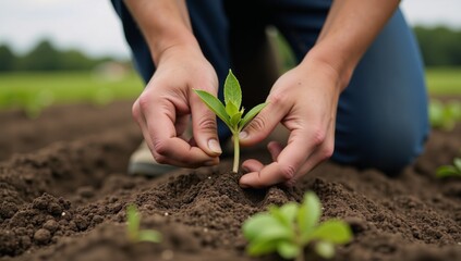 Farmer tending to a seedling in a regenerative farm field showcasing sustainable techniques