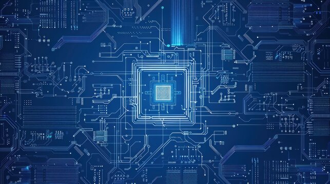 A blue circuit board with parallel computing streams and a CPU thread scheduling optimization concept in technical blueprint style.