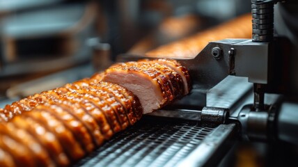 Sliced Roasted Pork Belly On Conveyor Belt