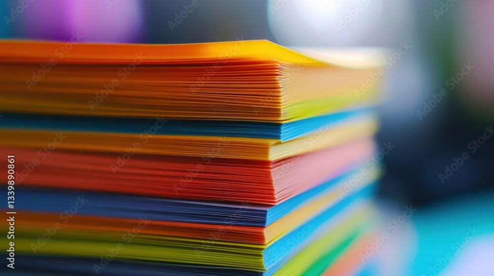Poster vibrant stacks of colorful paper sheets captured in close-up with blurred background for creative an