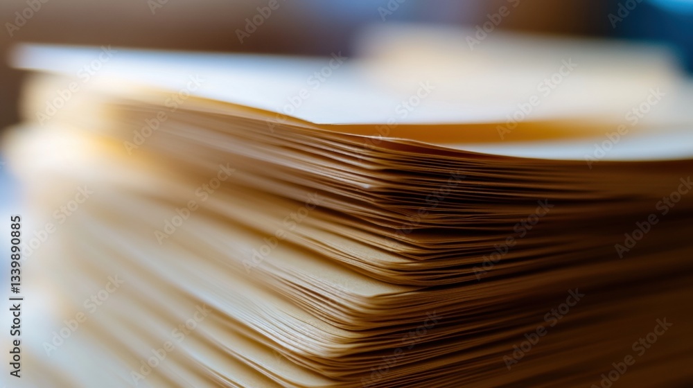 Poster Close-Up View of Stacked Document Papers with Soft Focus and Warm Lighting in an Office Environment for Office Use and Organization Purposes