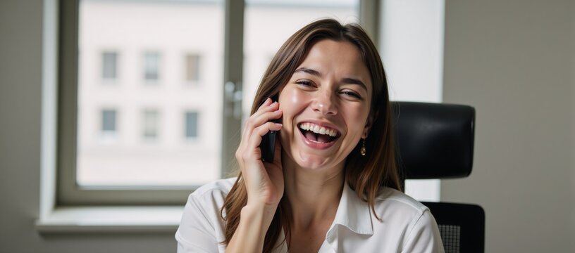 Woman chatting animatedly on phone in an office setting