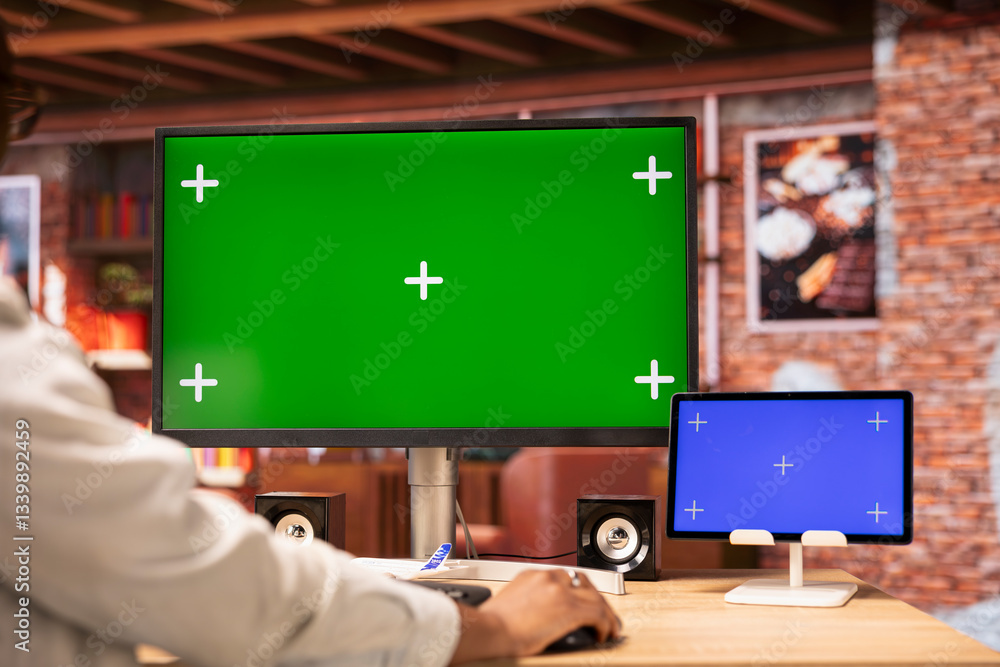 Poster teleworker inputting data on isolated screen pc and tablet, completing spreadsheets in home office. 