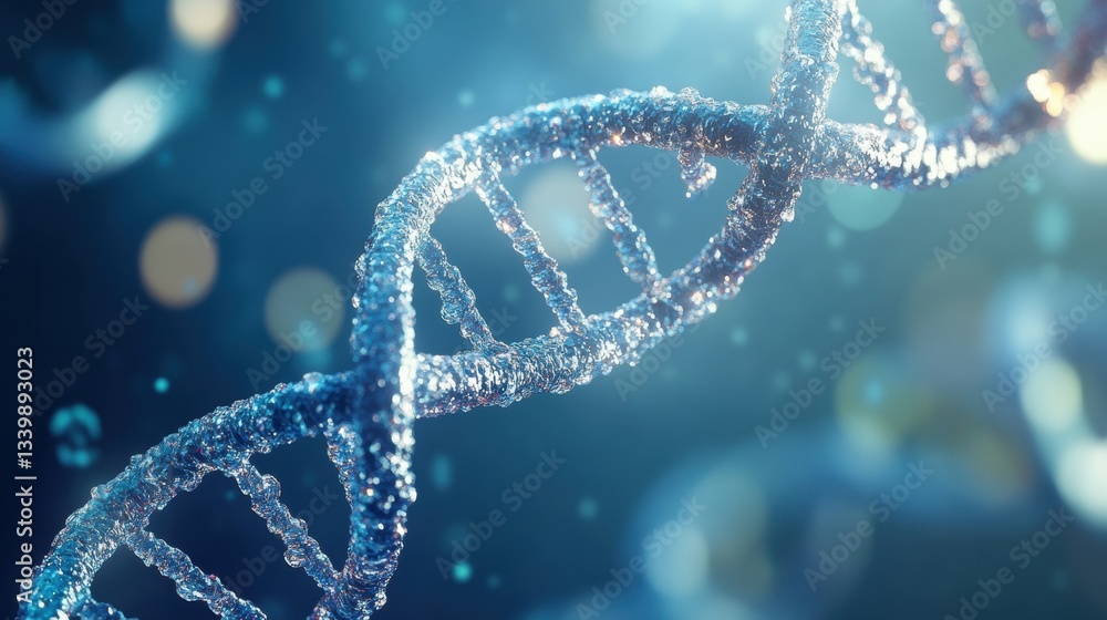Poster close-up view of a dna helix structure with sparkling elements in a blue and green background, symbo