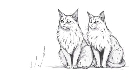 Fototapeta premium Perfect Pet Vector - Elegant Pencil Drawing Of Two Identical Majestic Cats Sitting Poised And Alert.