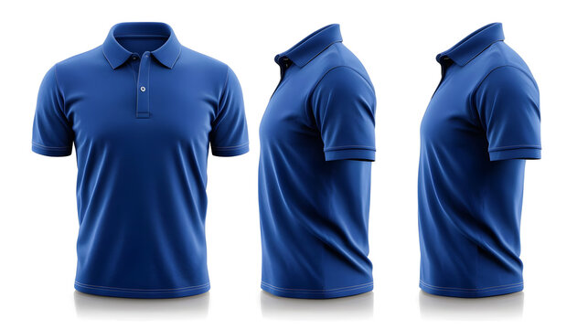 A vibrant blue polo shirt displayed from the front and side angles showcasing its design and collar details.