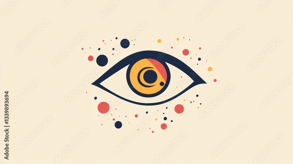 Poster abstract illustration of an eye surrounded by colorful dots and shapes representing vision and perce