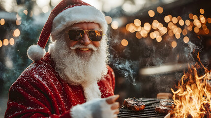 Santa Claus in sunglasses grills meat over an open flame illuminated by Christmas lights.