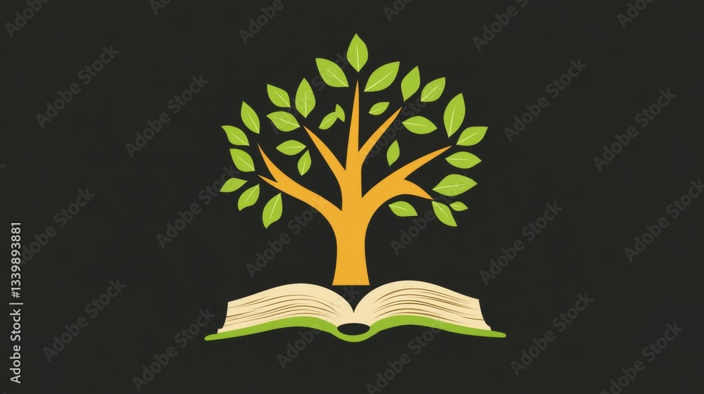 Poster green tree with leaves growing from an open book symbolizing knowledge, learning, and nature integra