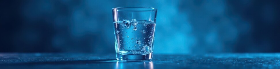Glass filling with water against vibrant blue, light, liquid, minimal