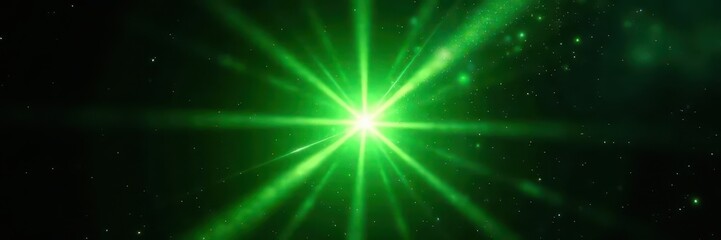 Fototapeta premium Intense green star explosion, sharp points, black void background, shine, nebula, black