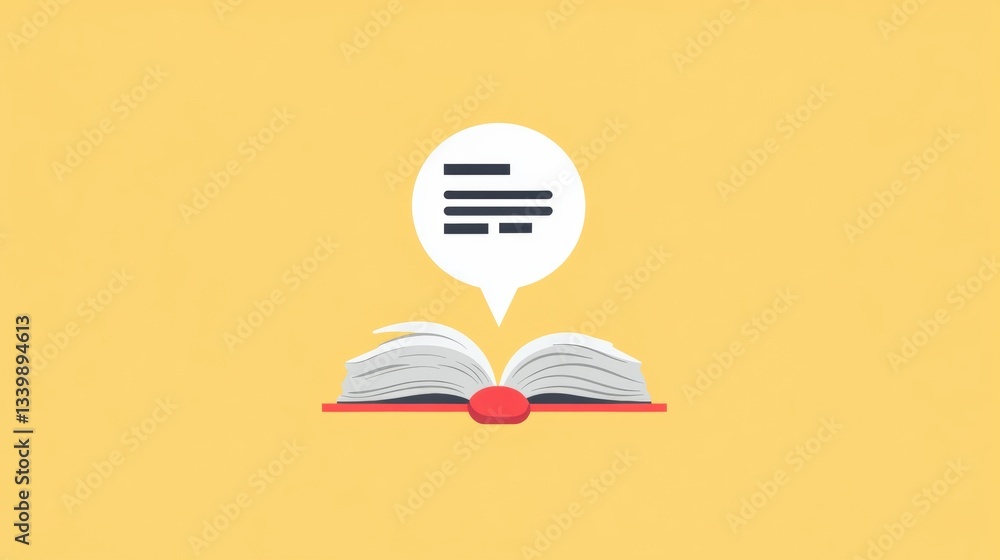 Poster open book with speech bubble containing text symbols on a bright yellow background illustrating comm