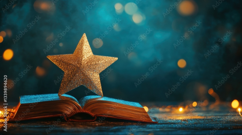 Poster sparkling gold star ornament on open book with soft bokeh lights creating a magical and enchanting a