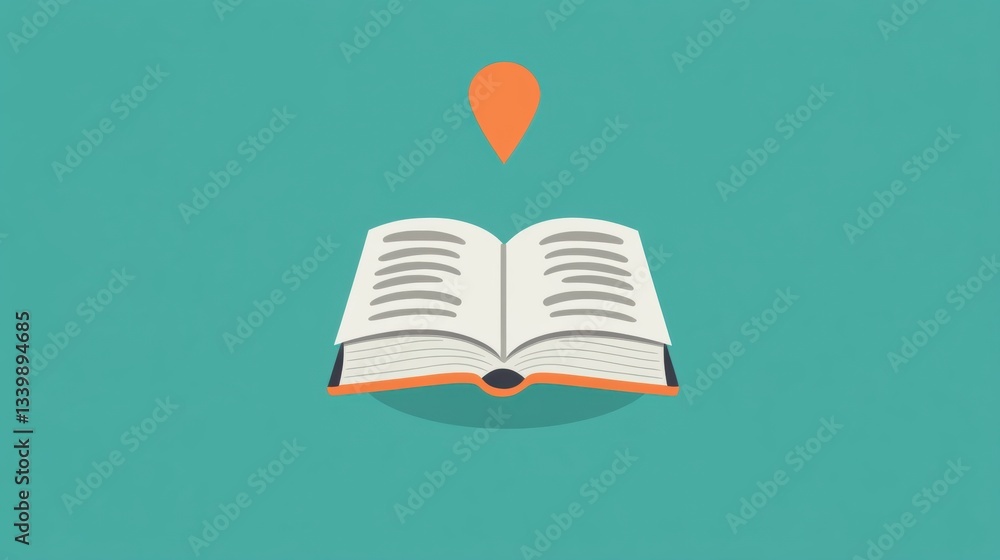 Poster open book with pages displayed, location marker above, abstract concept of knowledge and learning, c